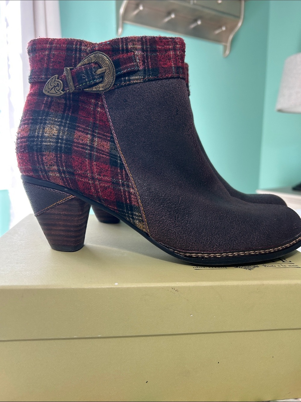 L'ATISTE Brown Ankle Boot with Red Plaid Cuff